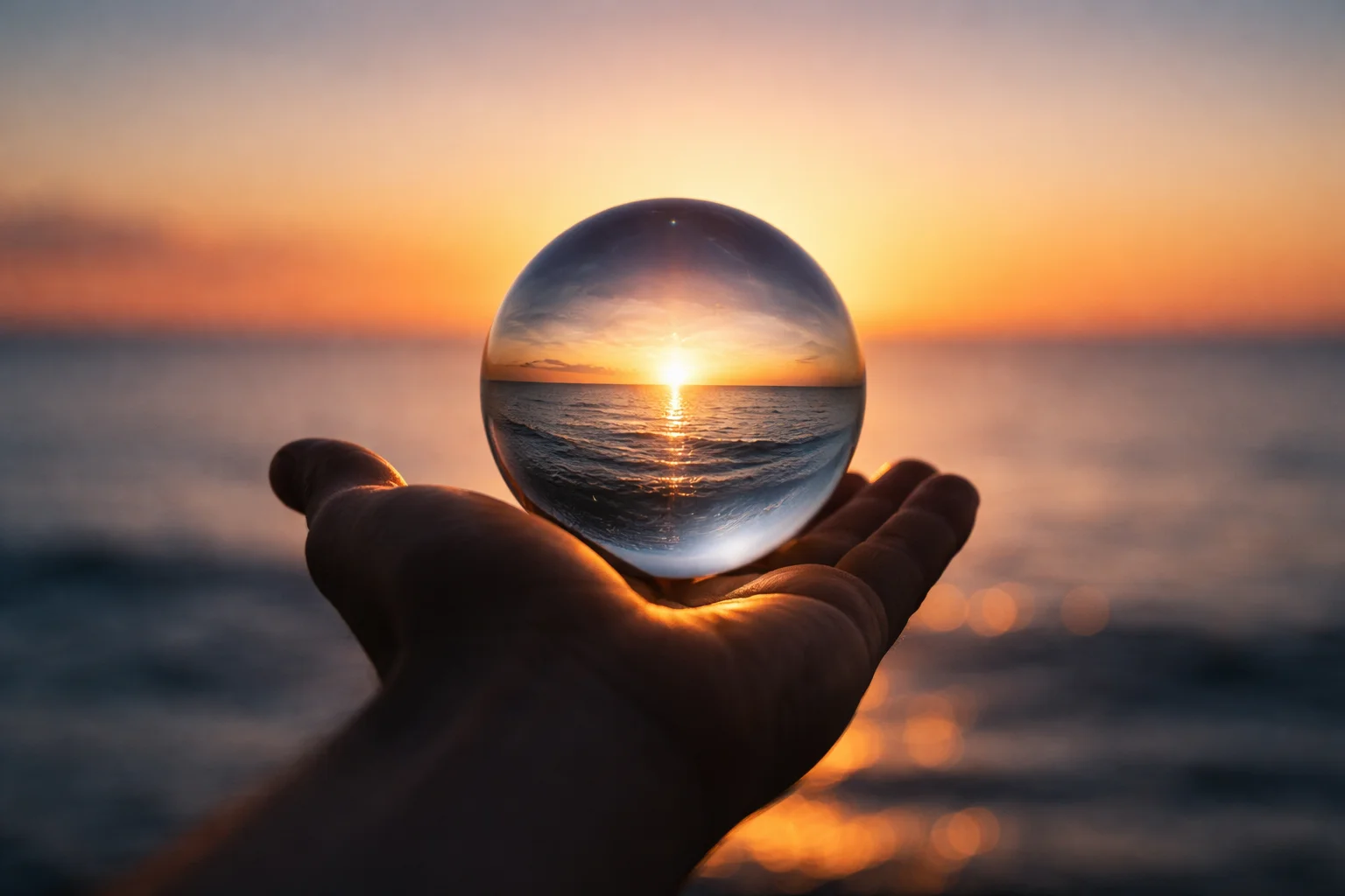 Crystal ball reflecting sunset over ocean